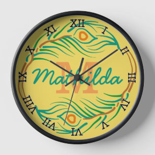 Horloge Art Deco Peacock Feather Monogram Stencil