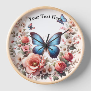 Horloge Art floral papillon bleu personnalisable-96279