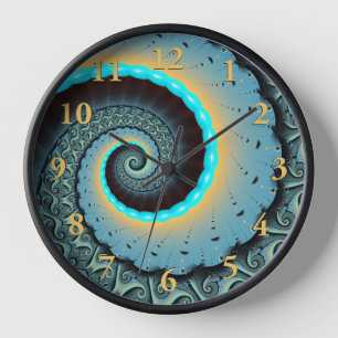 Horloge Art fractal abstrait bleu turquoise orange en spir