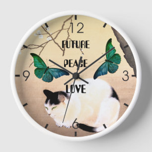 Horloge Avenir, Paix, Amour Avec Chat & Papillons