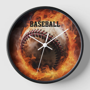 Horloge Baseball de texte personnalisé en feu