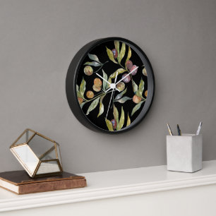 Horloge Beau motif d'olives italiennes à l'aquarelle noir
