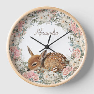 Horloge Bébé Faune Fleurs Roses Crème Blanche 