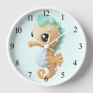 Horloge Bébé hippocampe mignon en bleu-vert et blanc