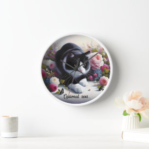Horloge Belle Chat et Fleurs Noir et Blanc