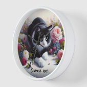Horloge Belle Chat et Fleurs Noir et Blanc (Angle)
