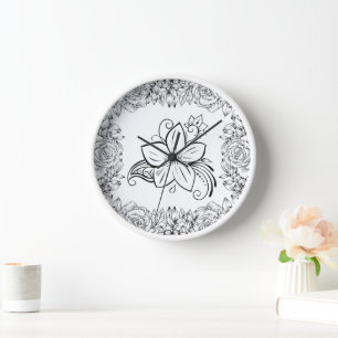 Horloge Belle Fleur Monochrome, Oeuvre Graphique