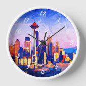 Horloge Belle Seattle Skyline Couleurs Sunset Aquarelle (Recto)