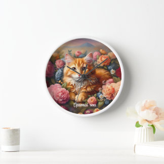 Horloge Belle Tabby Chat Orange et Fleurs
