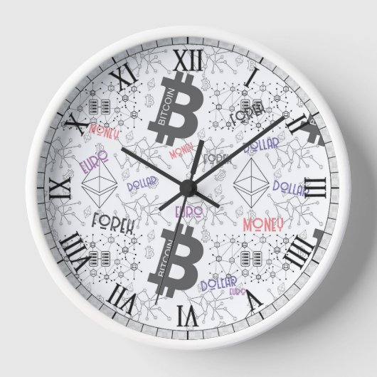 Horloge Bitcoin argent blanc gris rouge design complexe (Recto)