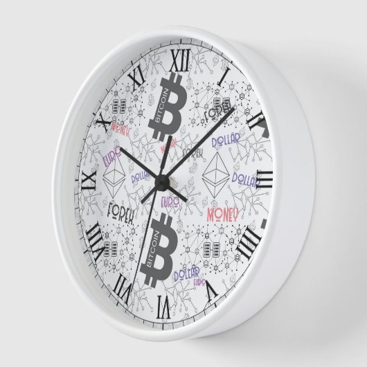 Horloge Bitcoin argent blanc gris rouge design complexe (Angle)