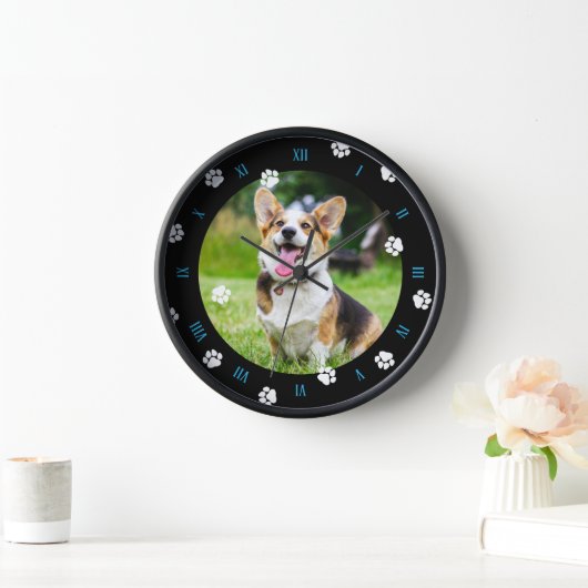 Horloge Bleu Chiens Paws Blancs Black Frame Photo (Maison)