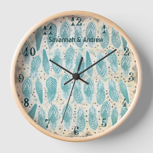 Horloge Boho Bohemian Turquoise Motif en plumes désorganis (Recto)