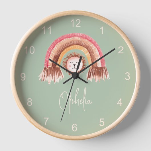 Horloge Boho Chic Rainbow Lion Nom du bébé Sage Green (Recto)