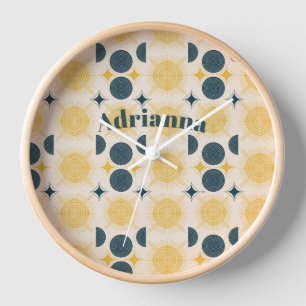 Horloge Boho Soleil Lune Étoiles Bleu Jaune Personnalisé