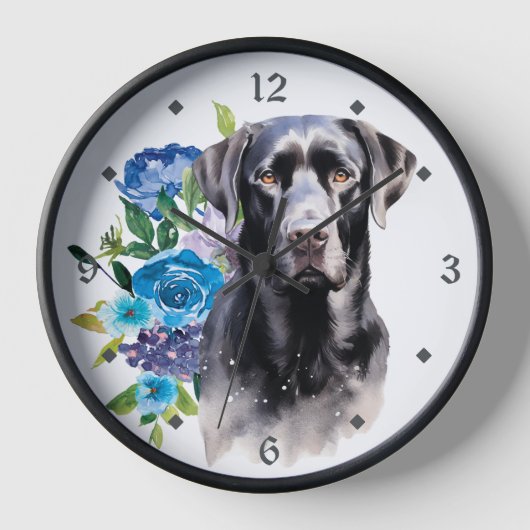 Horloge Bouquet floral bleu Black Labrador Retriever Chien (Recto)