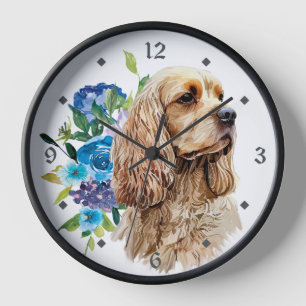 Horloge Bouquet floral bleu Cocker Spaniel Chien