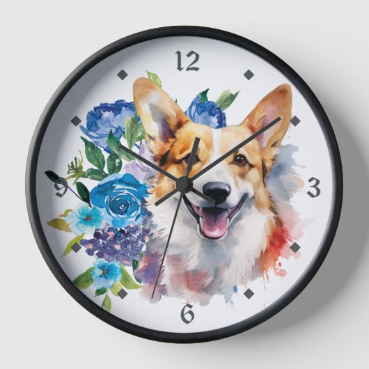 Horloge Bouquet floral bleu Corgi Chien (Recto)
