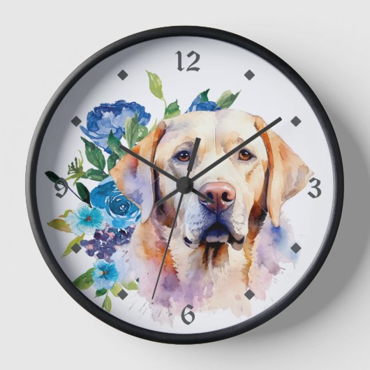 Horloge Bouquet floral bleu Jaune Labrador Retriever Chien (Recto)