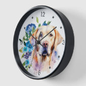 Horloge Bouquet floral bleu Jaune Labrador Retriever Chien (Angle)