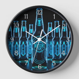 Horloge Bouteilles de bière de néon bleu
