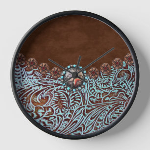 Horloge brun turquoise western pays à outils cuir