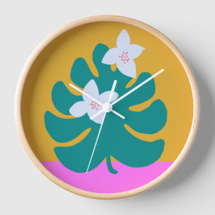 Horloge Cadran floral jaune rose moderne mignon palmier