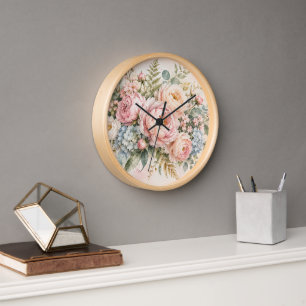 Horloge Cadran mural floral pivoine aquarelle élégant – Pâ