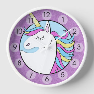 Horloge Cadran mural rond violet licorne arc-en-ciel migno