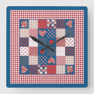 Horloge Carré Chic, Faux-Patchwork, En vichy
