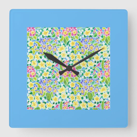 Horloge Carré Primroses, Bordure Turquoise (Recto)