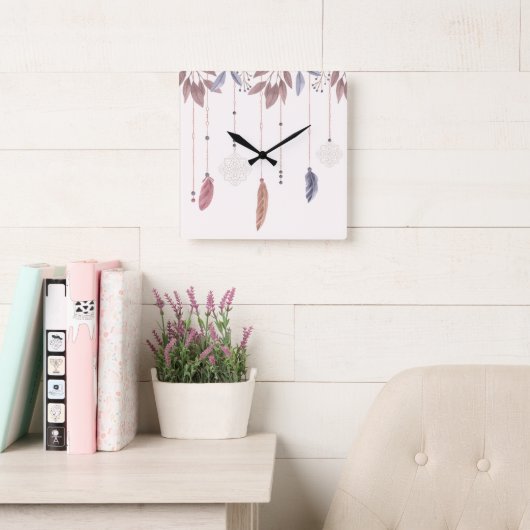 Horloge Carrée 10.75" Boho Feathers Square Acrylic Wall Clock (Salle de lecture)