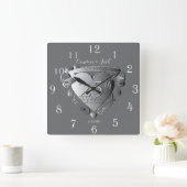 Horloge Carrée 10e, 20e, 25e Anniversaire de Mariage Cœur Argenté (Maison)