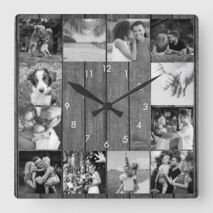 Horloge Carrée 12 Collage de photos en noir et blanc Bois rustiqu