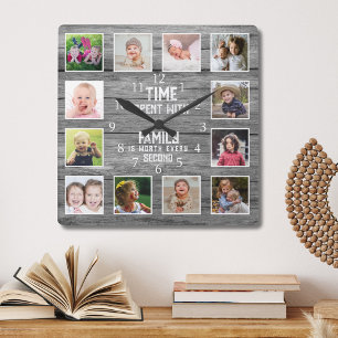 Horloge Carrée 12 Collage Photo Famille Citation Bois Gris Maison