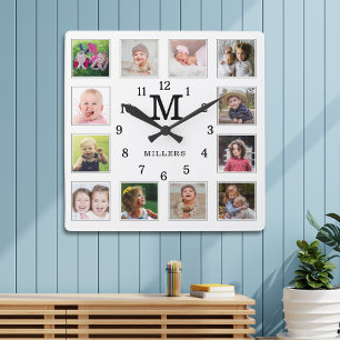 Horloge Carrée 12 Collage Photo Nom de famille Monogramme Noir Bl