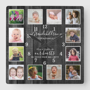 Horloge Carrée 12 Collage Photo Petits-Enfants Citation Bois Noir