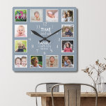 Horloge Carrée 12 Collage Photo Temps Avec Citation Familiale Dus<br><div class="desc">Horloge photo personnalisée avec la citation familiale inspirante "Le temps passé avec la famille vaut chaque seconde". Personnalisez avec 12 de vos photos de famille préférées.</div>