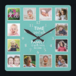 Horloge Carrée 12 Collage Photo Temps Avec Citation Familiale Tur<br><div class="desc">Horloge photo personnalisée avec la citation familiale inspirante "Le temps passé avec la famille vaut chaque seconde". Personnalisez avec 12 de vos photos de famille préférées.</div>