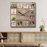 Horloge Carrée 12 Collage Photo Temps Passé Avec Citation Familia<br><div class="desc">Rustic wood photo clock with the inspiring family quote "Time spent with family is worth every second". Personalize with 12 of your favorite family pictures.</div>