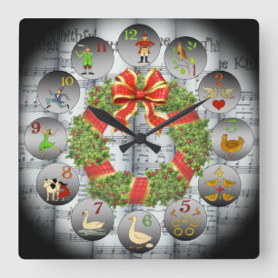 Horloge Carrée 12 Jours De Noël ~Sheet Music~Christmas Wreath