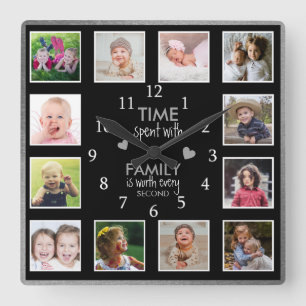 Horloge Carrée 12 Photo Collage Famille Temps Citation Argent Noi