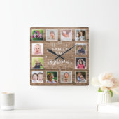 Horloge Carrée 12 Photo Collage Famille Temps Citation Bois rusti (Maison)