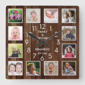 Horloge Carrée 12 Photo Collage Nom de famille Bois personnalisé (Recto)