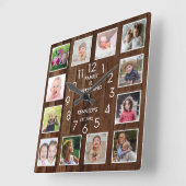 Horloge Carrée 12 Photo Collage Nom de famille Bois personnalisé (Angle)
