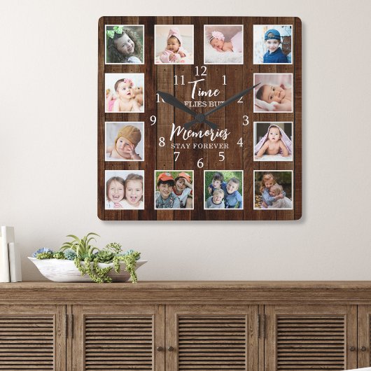 Horloge Carrée 12 Photo Collage Time Memories Quote Pallet Wood