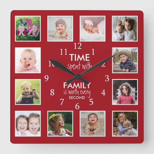 Horloge Carrée 12 Photo Template Time With Family Quota Red (Recto)