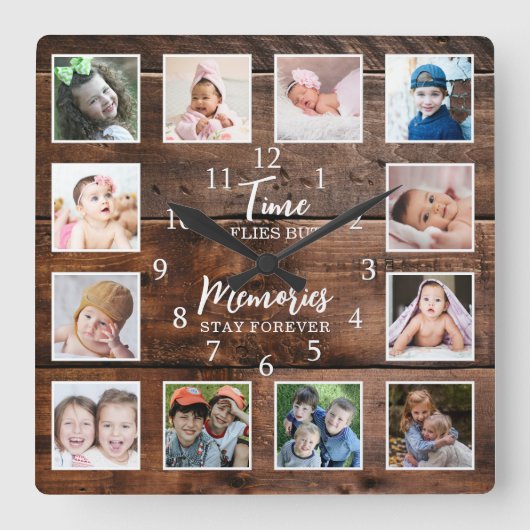 Horloge Carrée 12 Photos Collage Temps Souvenirs Citation Bois fo (Recto)
