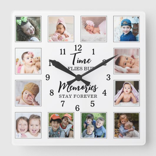 Horloge Carrée 12 Photos Collage Temps Vol Souvenirs Rester Citat (Recto)