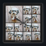 Horloge Carrée 13 Photo Funky Collage with Simple Texte<br><div class="desc">Use 13 square photo et make a unique and trendy photo collage with a place for a family name or date. If you need to move anything around,  click on the customize button to make changes.</div>